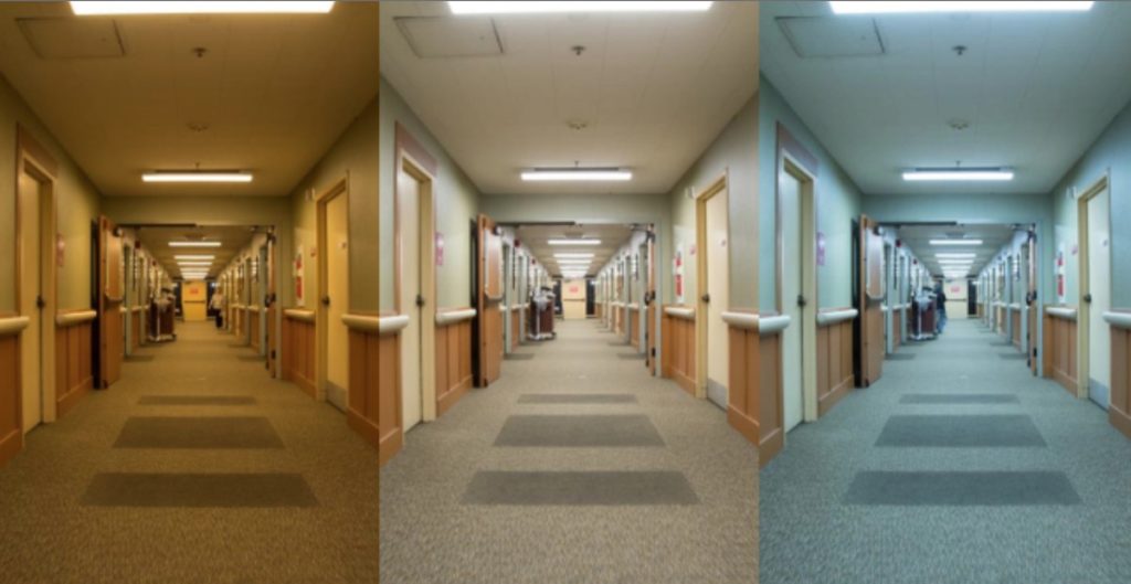 ACC Care Center corridors with lighting tuned to morning, afternoon and nighttime settings (l-r).