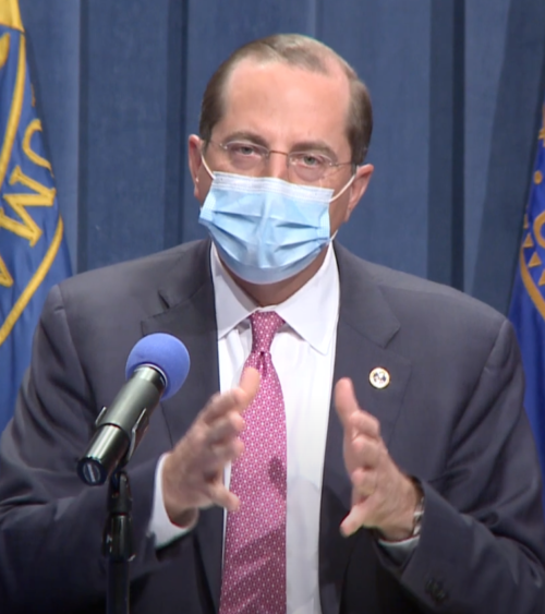 Image of HHS Secretary Alex Azar at a Tuesday Operation Warp Speed press briefing