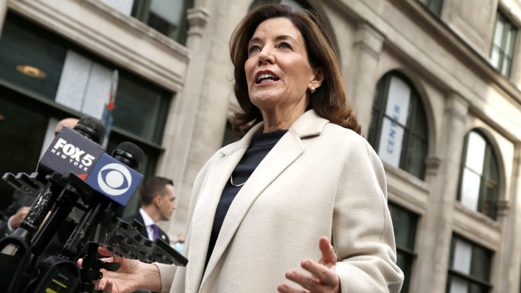 New York State Governor Kathy Hochul speaks with reporters outside