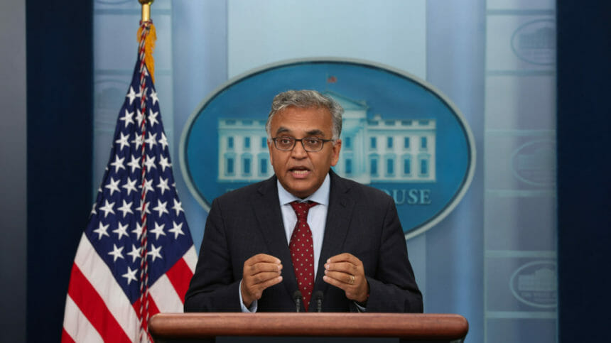 WASHINGTON, DC - JULY 25: White House COVID-19 Response Coordinator Dr. Ashish Jha speaks to reporters during a press briefing with White House Press Secretary Karine Jean-Pierre at the White House on July 25, 2022 in Washington, DC.