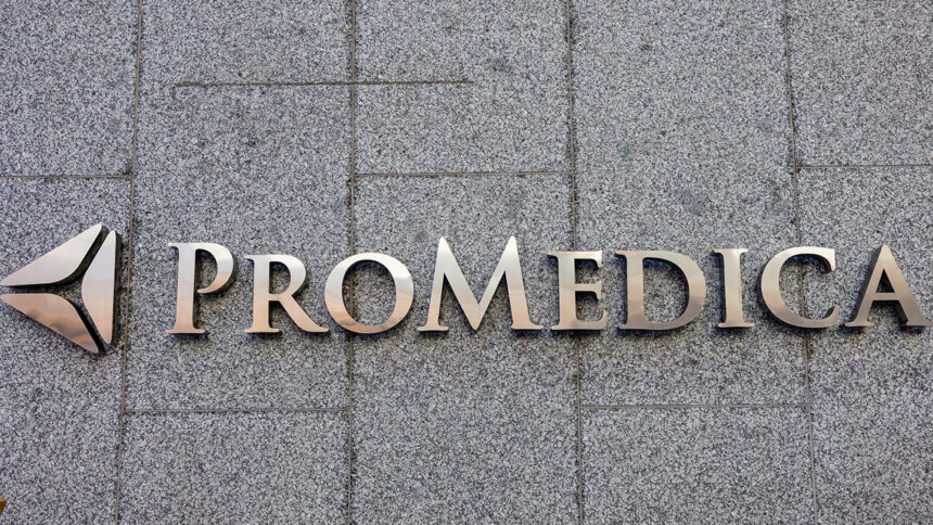 Rights managed photo of ProMedica logo on outside of Toledo office building.