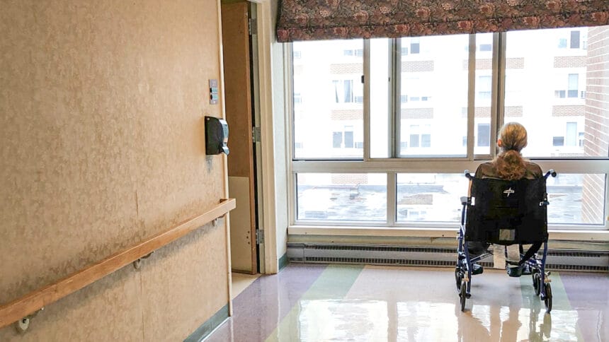 Resident in wheelchair at Linn Health and Rehabilitation in East Providence, Rhode Island